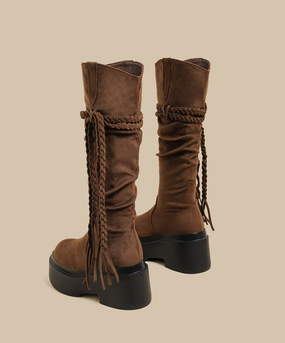 Brown Wrinkled Tassel Splicing Platform Boots