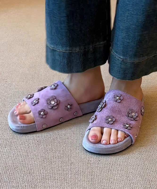 Fine Floral Splicing Purple Suede Slide Sandals Peep Toe