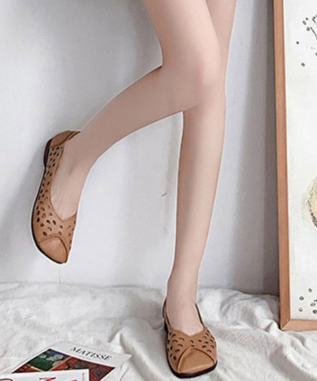 Brown Cowhide Flat Feet Shoes Hollow Out Flat Shoes