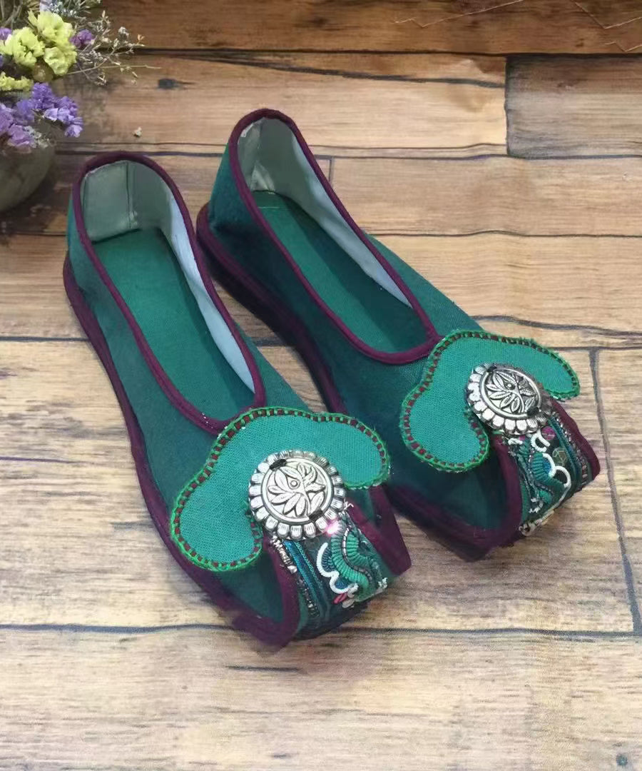 Green Embroideried Flat Shoes For Women