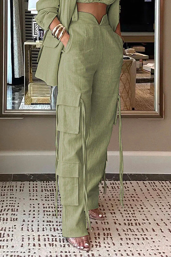Lapel Long Sleeve Loose Jacket and Casual Pocket Lace-up Straight Leg Pants Set