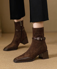 Brown Zippered Chunky Suede Elegant Splicing Boots