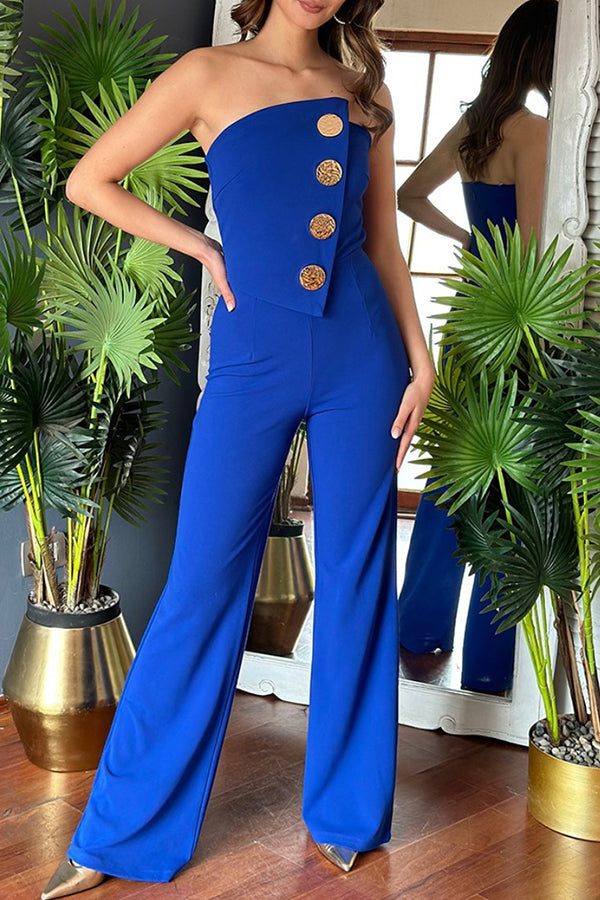 Solid Color Tube Top Gold Button Embellished Bootcut Jumpsuit