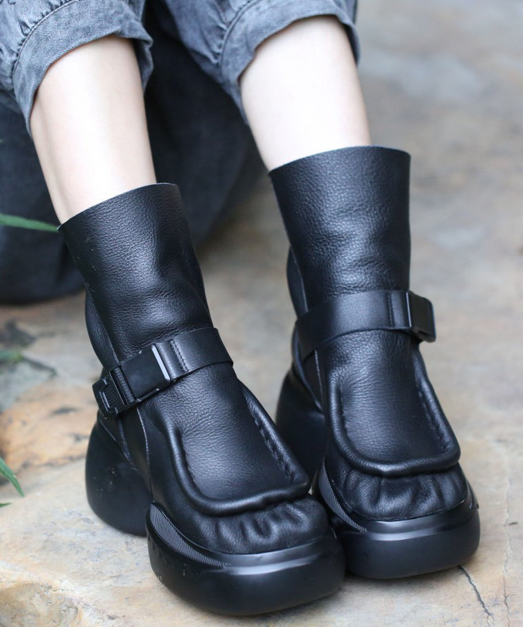 Black Cowhide Leather Boots Splicing Platform Boots