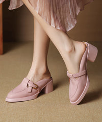 New Pink Splicing Chunky Heel Cowhide Leather Slide Sandals