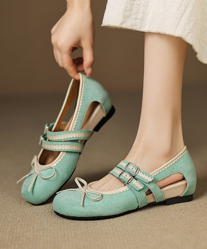 Green Suede Bow Splicing Hollow Out Flat Feet Shoes