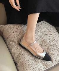French Silver Square Toe Buckle Strap Splicing Flat Shoes