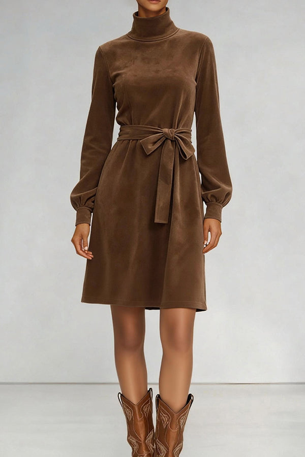 Suede Turtleneck Long-sleeved Tie-waist Casual Mini Dress