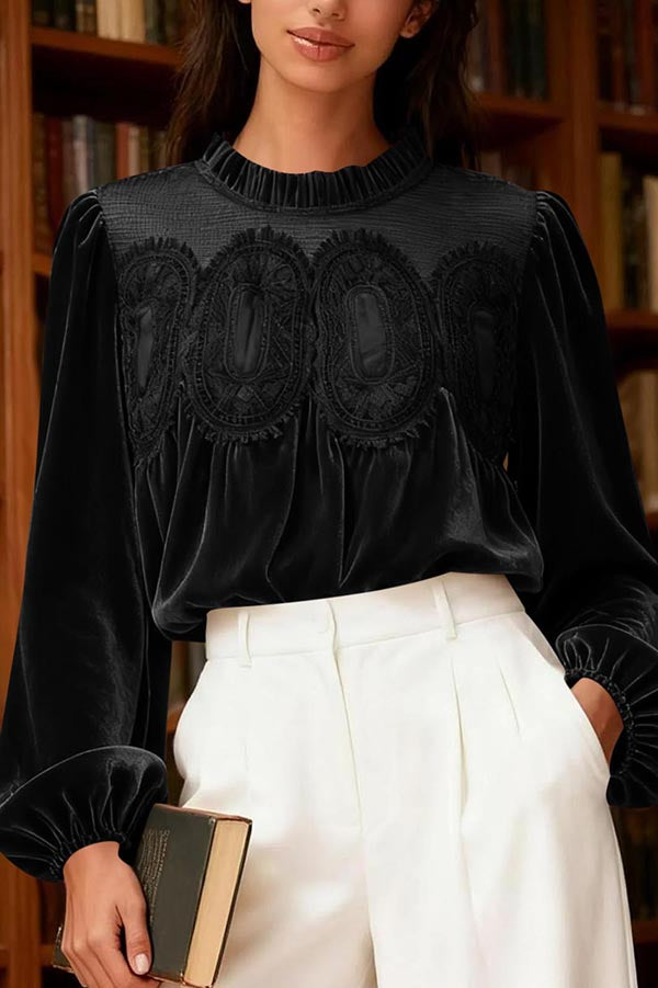 Velvet and Lace Patchwork Loose Long-sleeved Top