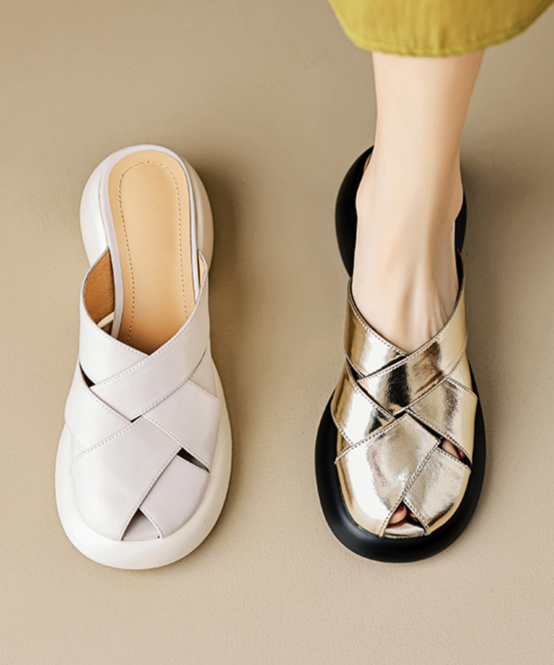 French Splicing Platform White Cowhide Leather Slide Sandals