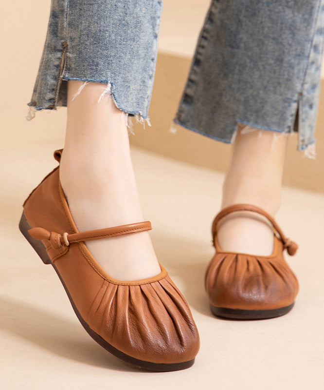 Brown Comfy Cowhide Leather Splicing Flat Shoes Wrinkled