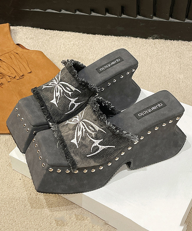 Green Peep Toe Rivet Cotton Platform Slide Sandals