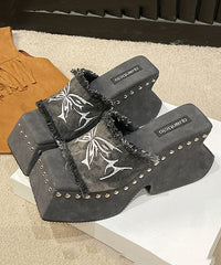 Green Peep Toe Rivet Cotton Platform Slide Sandals