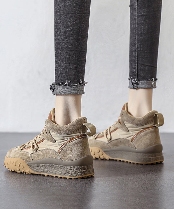 Khaki Platform Suede Lace Up Splicing Flats Fuzzy Wool Lined