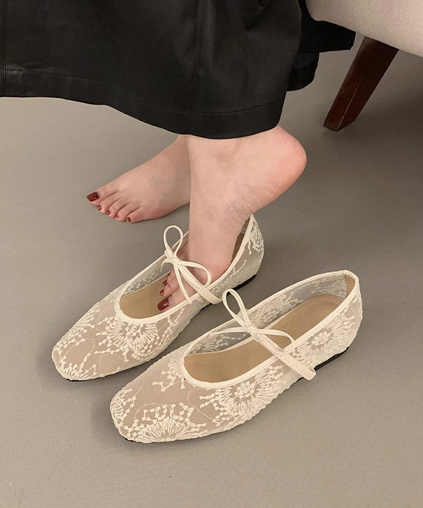 Beige Breathable Mesh Embroidered Flats Splicing Bow