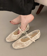 Beige Breathable Mesh Embroidered Flats Splicing Bow