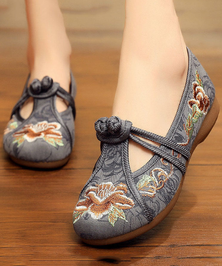Vintage Embroideried Flat Shoes For Grey Cotton Fabric Button