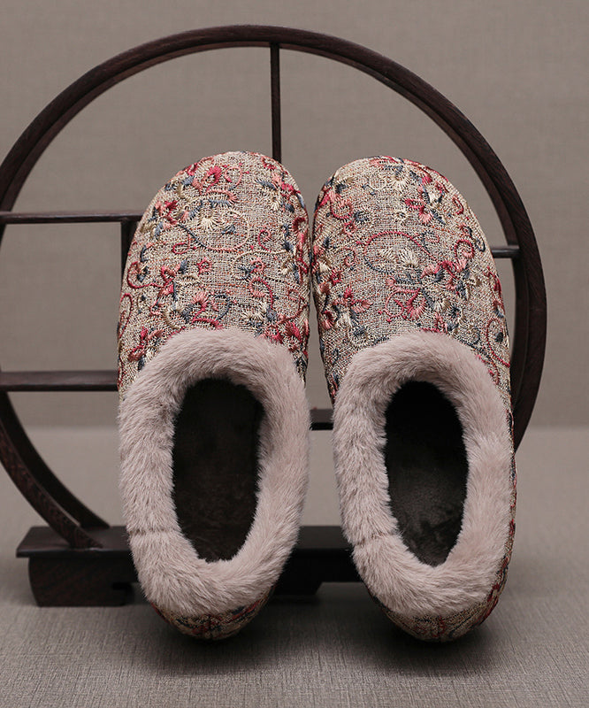 Comfy Beige Embroidery Splicing Flats Fuzzy Wool Lined