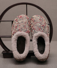 Comfy Beige Embroidery Splicing Flats Fuzzy Wool Lined