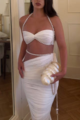 Imalia Stretch Mesh Pearl Trim Gathered Tank and  Detachable Belt Vacation Maxi Skirt Set