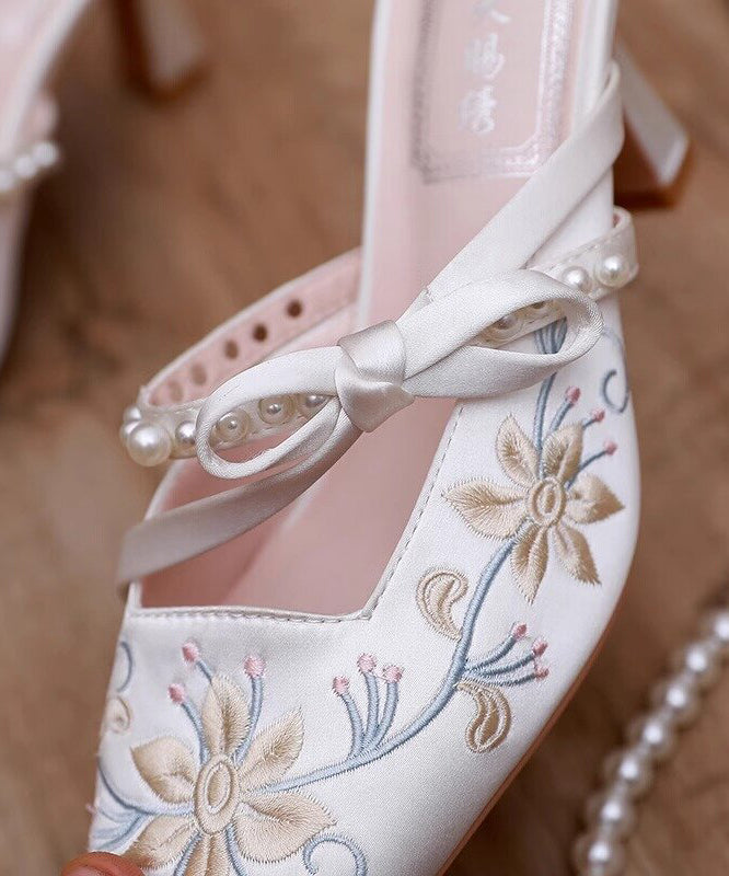 White Satin Embroidery High Heel Slippers