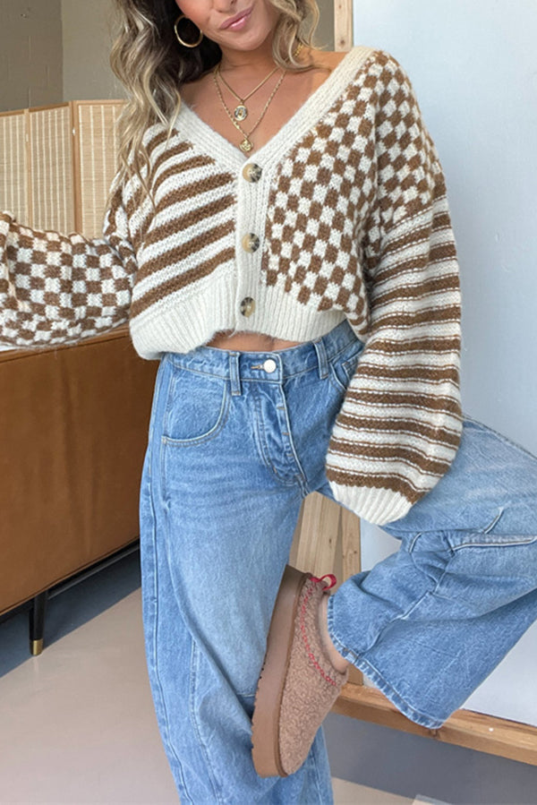 Plaid Striped Casual V Long-sleeved Short Knitted Cardigan