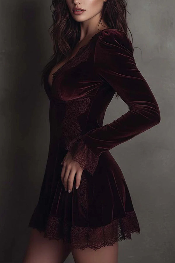 Velvet and Lace Patchwork Long-sleeved V-neck Slim-fit Mini Dress