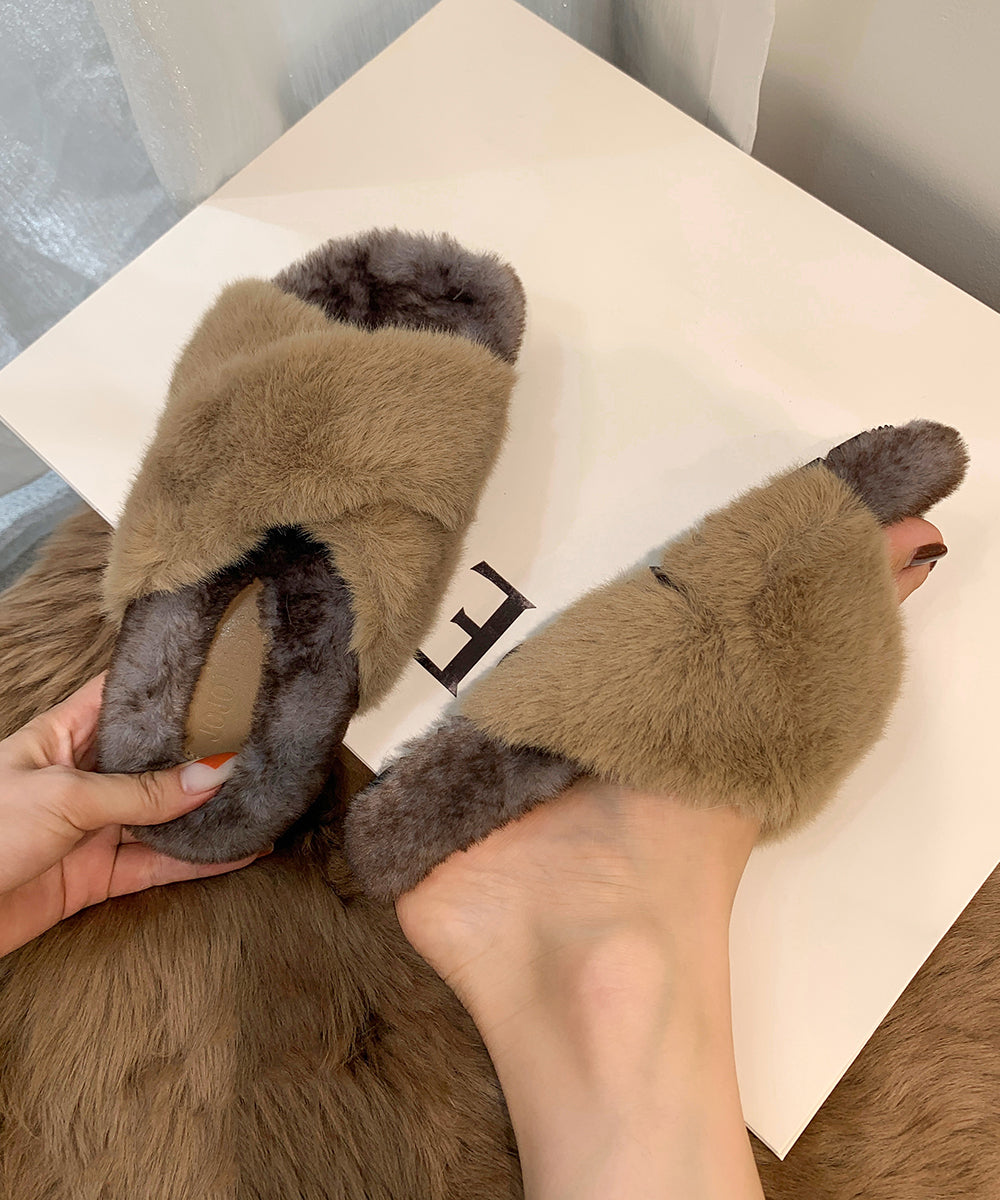 Splicing Platform Slippers Shoes Khaki Fuzzy Fur