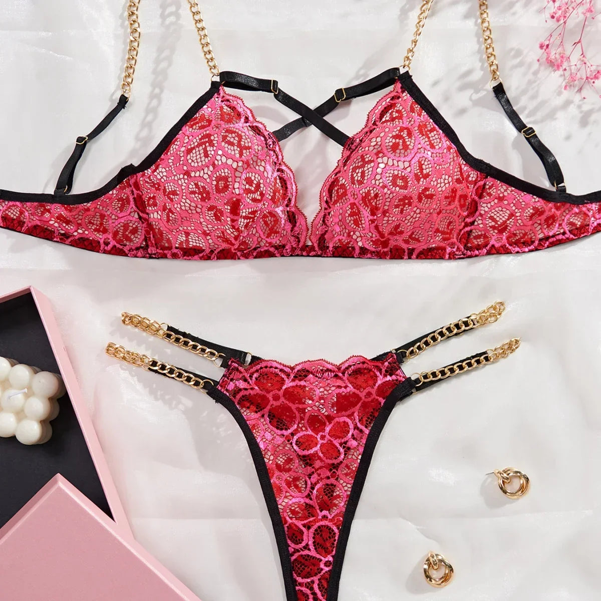 2025 Chain Girl European and American Lace Embroidery Hollow Cross Heavy Craft Underwear Two Piece Set