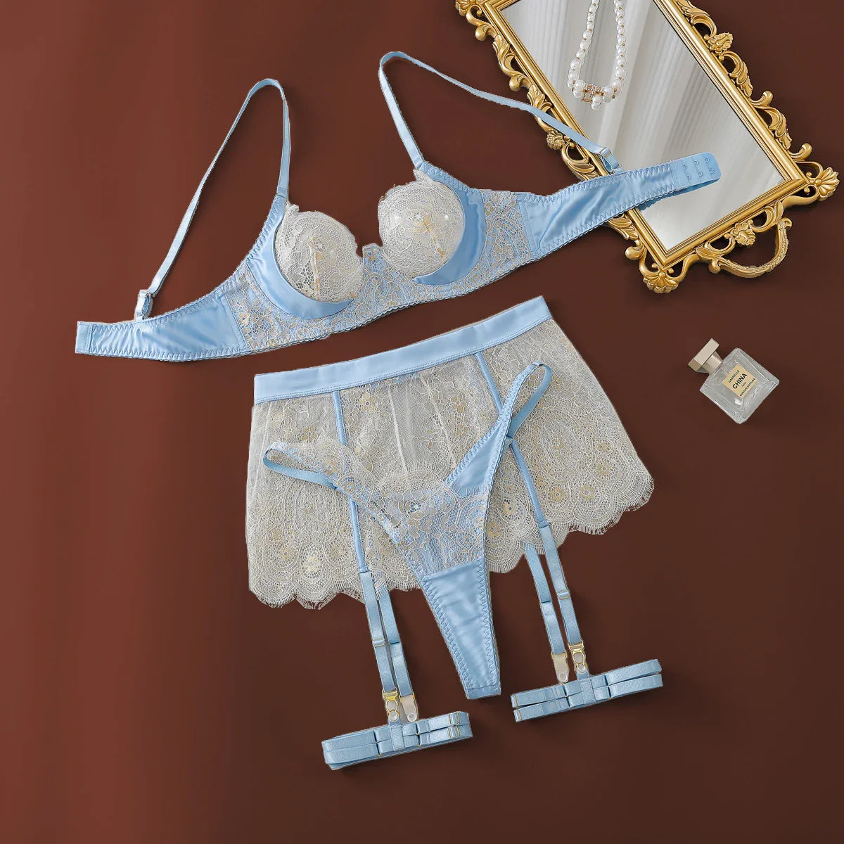 2025 Color Contrasting Mesh Perspective Lace and Spicy Sexual Underwear Underwear Four Piece Set
