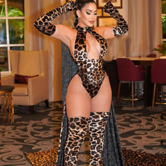 2025 Explosion Models Lingerie Leopard Print Jumpsuit Hollow Jumpsuit Stockings Gloves Erotic three-piece Set