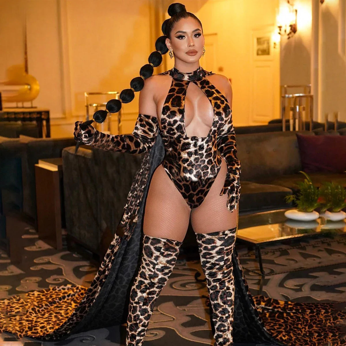 2025 Explosion Models Lingerie Leopard Print Jumpsuit Hollow Jumpsuit Stockings Gloves Erotic three-piece Set