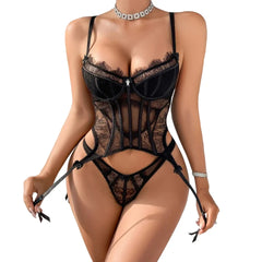 2025 Eyelash Lace Perspective Sculpting Fishbone Waist Shrinking and Slimming Underwear Split Two Piece Set