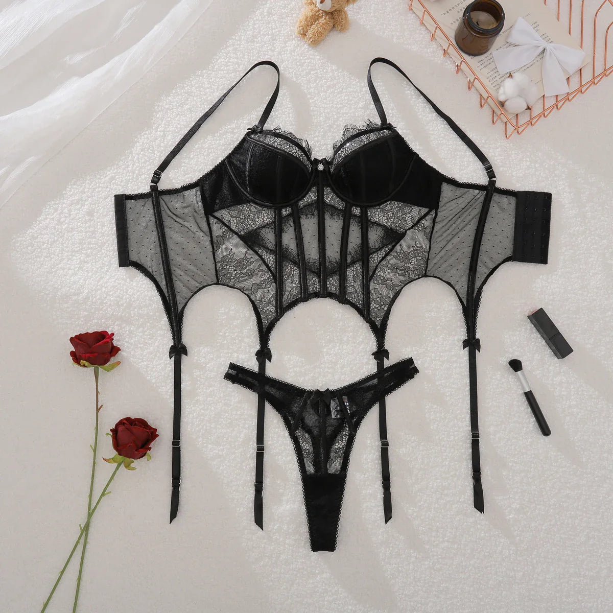 2025 Eyelash Lace Perspective Sculpting Fishbone Waist Shrinking and Slimming Underwear Split Two Piece Set