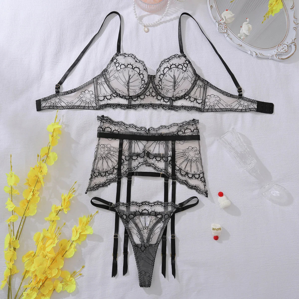 2025 Heavy Craft Embroidered Bra Set Mesh See Through Slim Exotic Erotic Lingerie Panty Three Piece Set