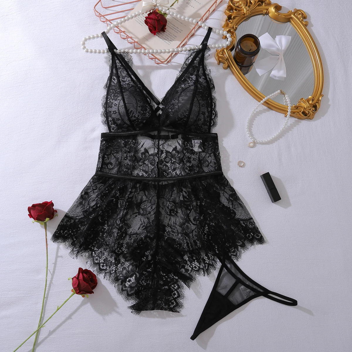 2025 High Quality Black Eyelash Hollow Perspective Lace Lace Body Shaping Strap jumpsuit