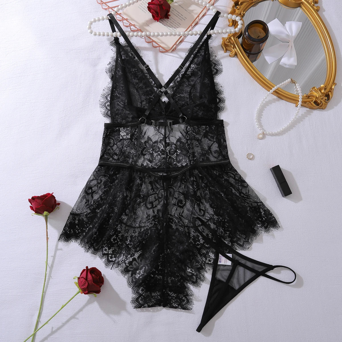 2025 High Quality Black Eyelash Hollow Perspective Lace Lace Body Shaping Strap jumpsuit