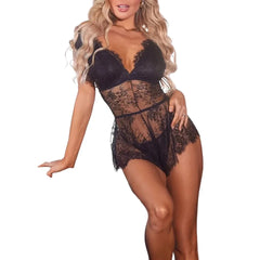2025 High Quality Black Eyelash Hollow Perspective Lace Lace Body Shaping Strap jumpsuit