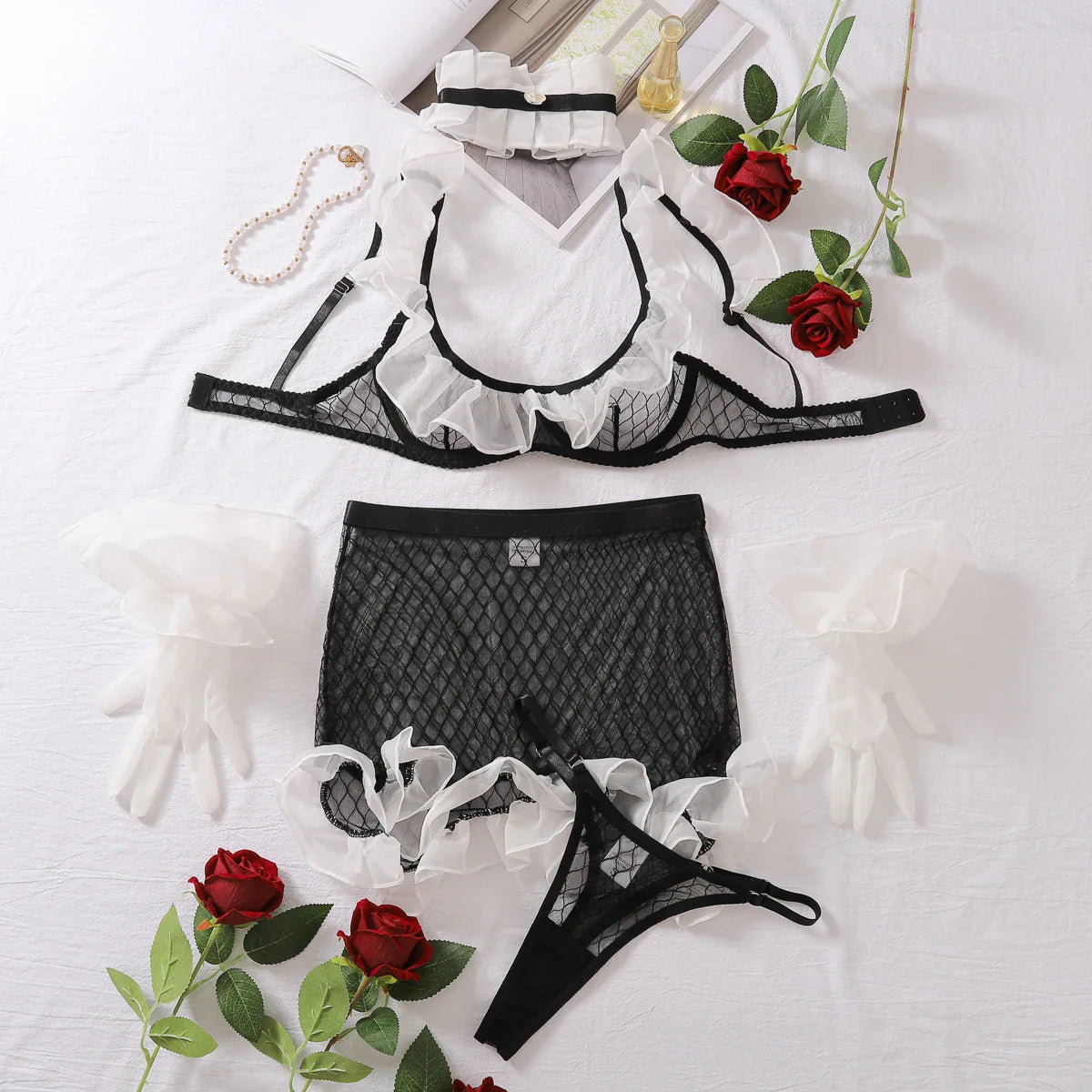 2025 Lace Patchwork Ruffled Lace Erotic Lingerie Set Maid Outfit See-Through Thong 5-Pieces Seamlesss