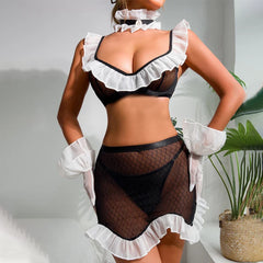2025 Lace Patchwork Ruffled Lace Erotic Lingerie Set Maid Outfit See-Through Thong 5-Pieces Seamlesss