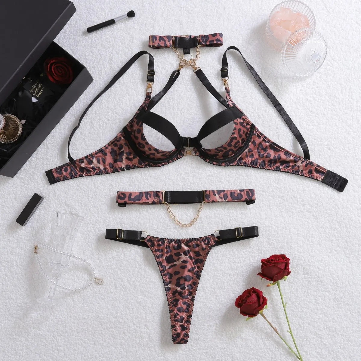 2025 Metal Chain Wild Leopard Pattern Hollow Cross Heavy Craftsmanship Body Shaping Underwear Five Piece Set