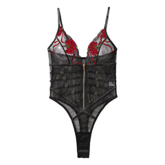2025 Fashionable and Lace Mesh Embroidered Transparent V-neck Mischievous Temptation Style Strap jumpsuit
