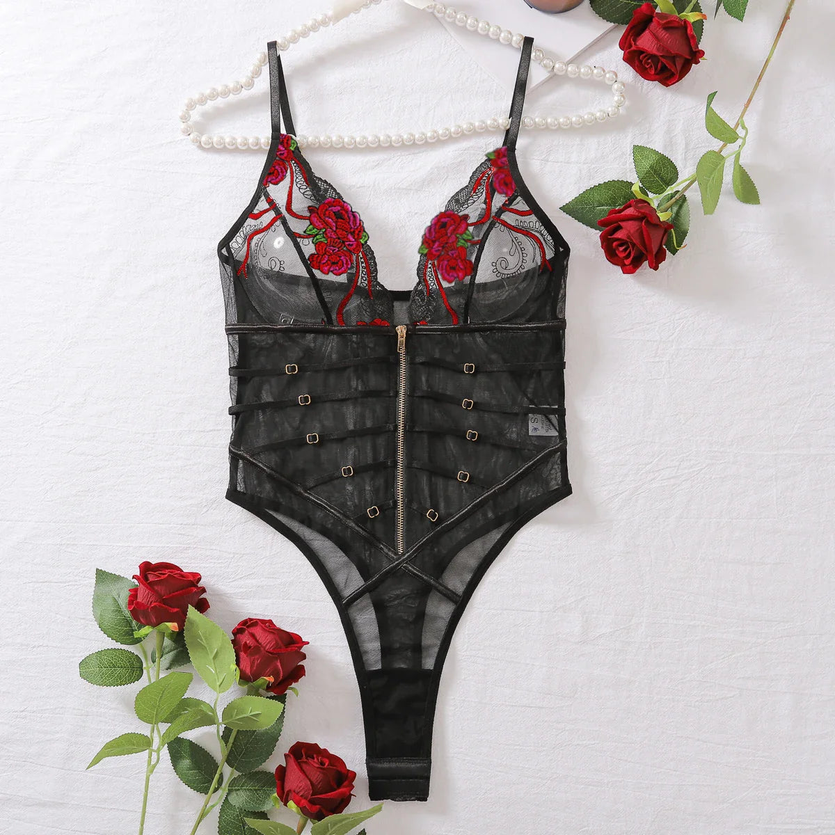 2025 Fashionable and Lace Mesh Embroidered Transparent V-neck Mischievous Temptation Style Strap jumpsuit