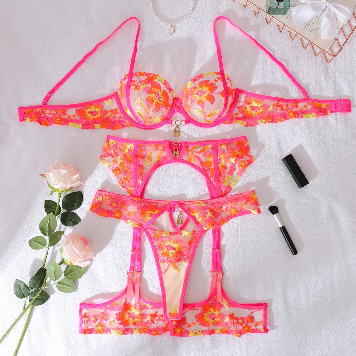 2025 Perspective Color Contrasting Flower Embroidery Splicing Mesh Body Shaping Thin and Underwear Split Set