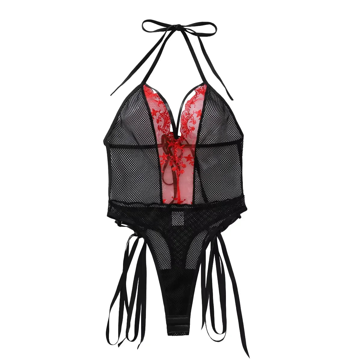2025 Product Color Contrasting Neck Hanging Strap Mesh Perspective Body Shaping Non Detachable jumpsuit