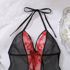 2025 Product Color Contrasting Neck Hanging Strap Mesh Perspective Body Shaping Non Detachable jumpsuit