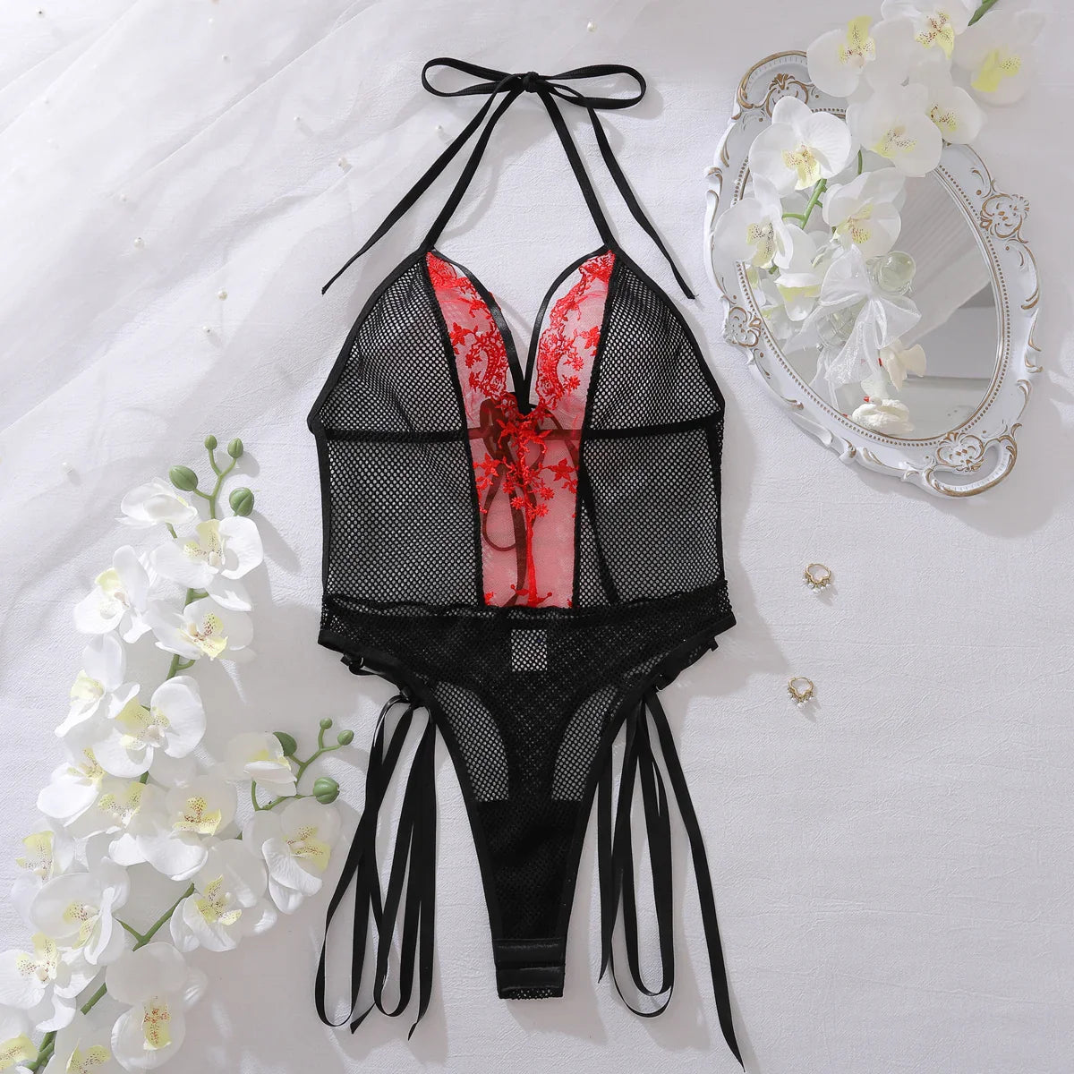 2025 Product Color Contrasting Neck Hanging Strap Mesh Perspective Body Shaping Non Detachable jumpsuit