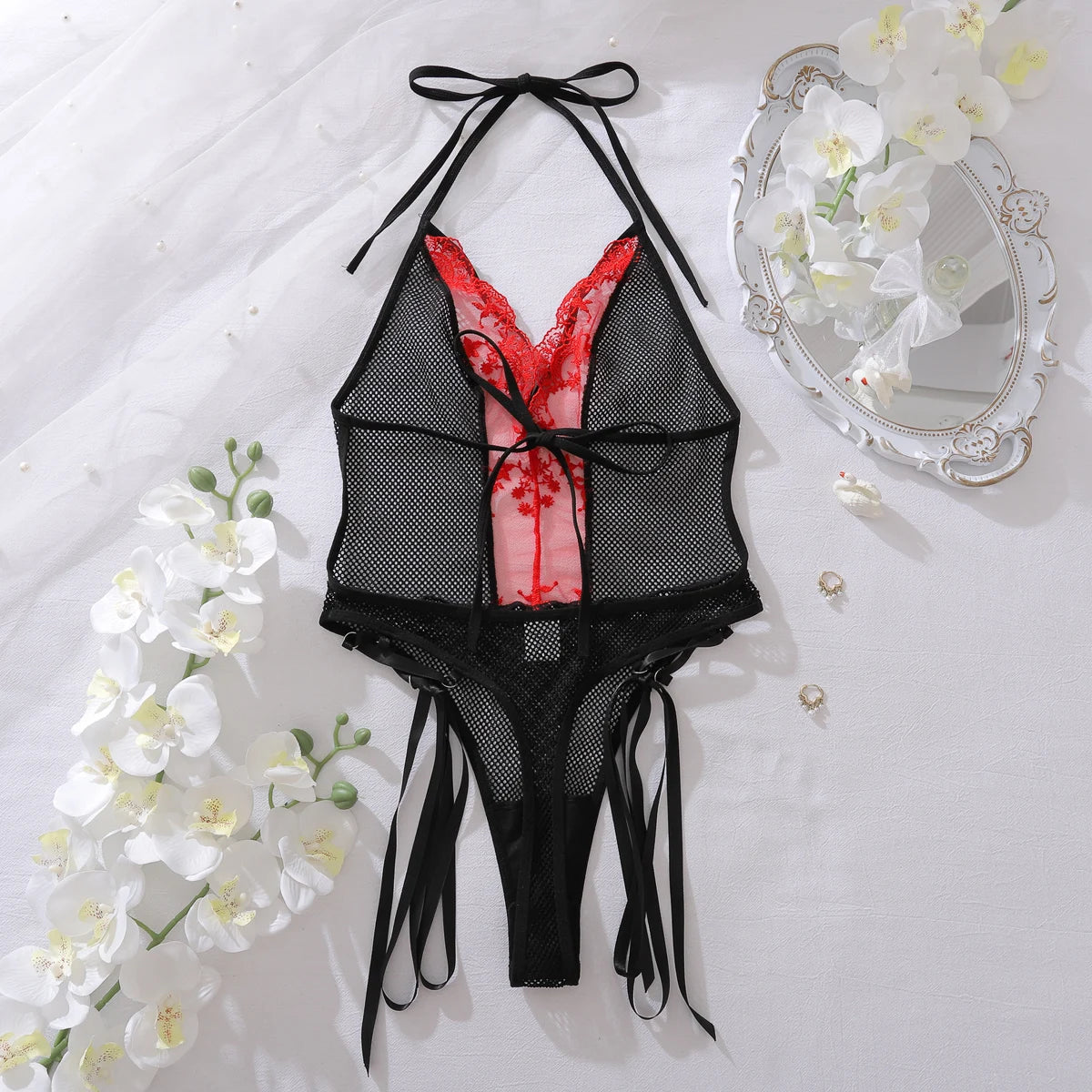 2025 Product Color Contrasting Neck Hanging Strap Mesh Perspective Body Shaping Non Detachable jumpsuit