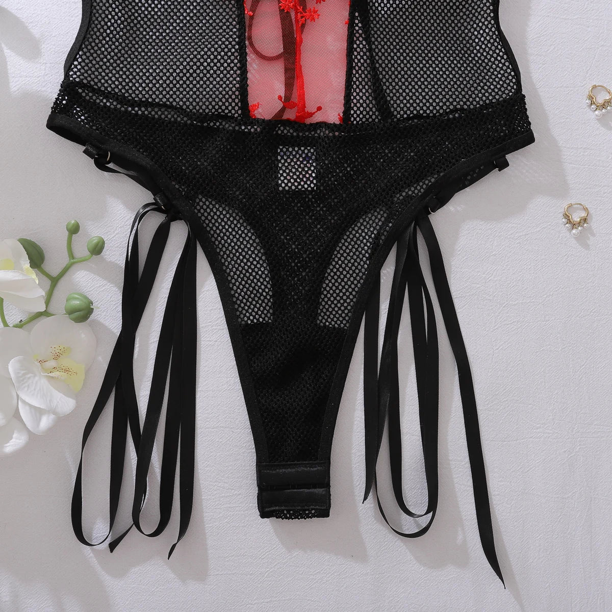 2025 Product Color Contrasting Neck Hanging Strap Mesh Perspective Body Shaping Non Detachable jumpsuit