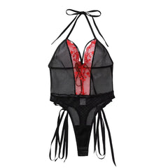 2025 Product Color Contrasting Neck Hanging Strap Mesh Perspective Body Shaping Non Detachable jumpsuit